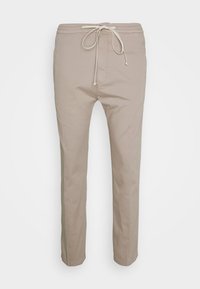 Beige lightweight cotton pants with a drawstring waistband, straight legs, and side pockets, featuring a smooth texture and minimal design.