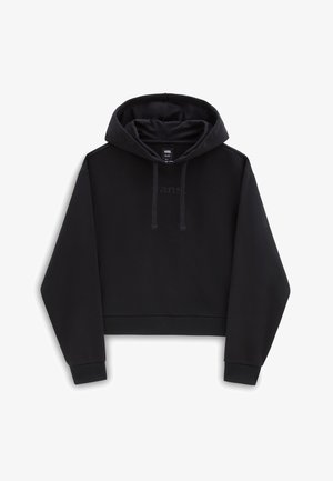 Sudadera recortada negra hecha de una tela suave, con capucha, cordones y un sutil logo en relieve en la parte delantera. Mangas largas con puños acanalados.