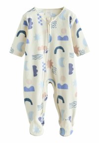 Fleece-babyoverall i krämfärg med abstrakta mönster i pastellfärger. Har dragkedja framtill och fotdesign. Kortsleeves.