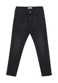 Jeans in denim nero con taglio dritto, design a cinque tasche standard e chiusura con bottone. Tessuto liscio con minima scoloritura.