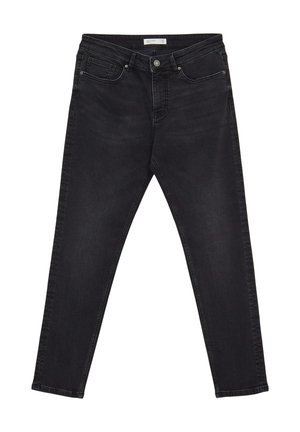 Schwarze Jeans aus Denim mit geradem Schnitt, klassischem Fünf-Taschen-Design und Knopfverschluss. Glatte Textur mit minimalem Verblassen.