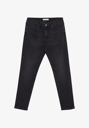 Jeans in denim nero con taglio dritto, design a cinque tasche standard e chiusura con bottone. Tessuto liscio con minima scoloritura.