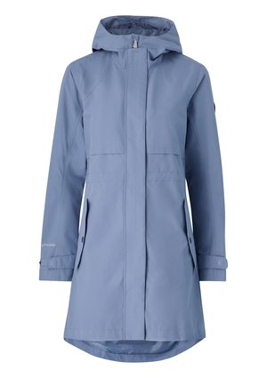 Women's light blue waterproof hooded raincoat with front zipper, buttoned pockets, adjustable cuffs, and slightly longer back hem.