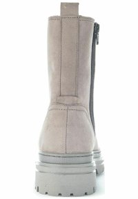 Gray suede ankle boot with a zipper closure and a textured gray rubber sole. Pull tab at the back, minimal detailing.