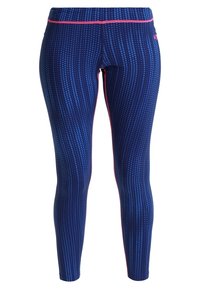 Tajt passande leggings i marinblått med ett texturerat mönster av vertikala ränder och prickar; har en rosa midja och detaljer.