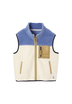 Sleeveless fleece vest with blue upper section, cream lower body, beige zippered chest pocket, two beige side pockets, and front zipper closure.