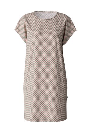 Bedrucktes Kurzarmkleid mit quadratischem Muster in Pink und Grün auf hellem Hintergrund, mit Rundhalsausschnitt und lockerer Passform.