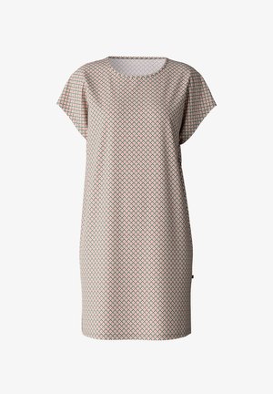 Printed short-sleeve dress featuring a square pattern in pink and green on a light background, with a round neck and relaxed fit.