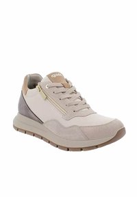 Sneaker beige in suede e pelle liscia, con una cerniera sul lato, dettagli testurizzati e suola in gomma leggera.
