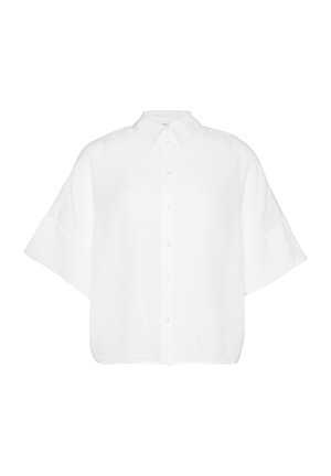 Weißes kurzärmeliges Hemd aus strukturiertem Stoff, mit einem klassischen Kragen und Knopfleiste. Lockerer, entspannter Schnitt mit weiten Ärmeln.