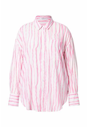 Dlouhý rukáv košile z lehkého materiálu s růžovými a bílými vlnkovými pruhy, s přední kapsou a zapínáním na knoflíky.