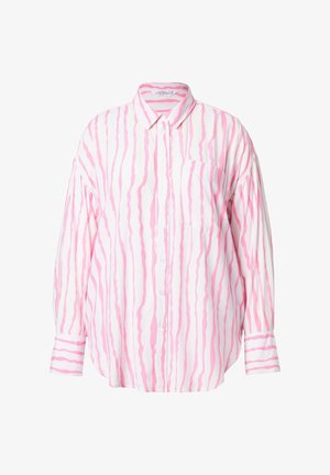 Dlouhý rukáv košile z lehkého materiálu s růžovými a bílými vlnkovými pruhy, s přední kapsou a zapínáním na knoflíky.