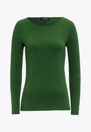 Langærmet grøn top lavet af blødt stof, med rund halsudskæring, figursyet pasform og glat struktur uden synlige mønstre eller detaljer.