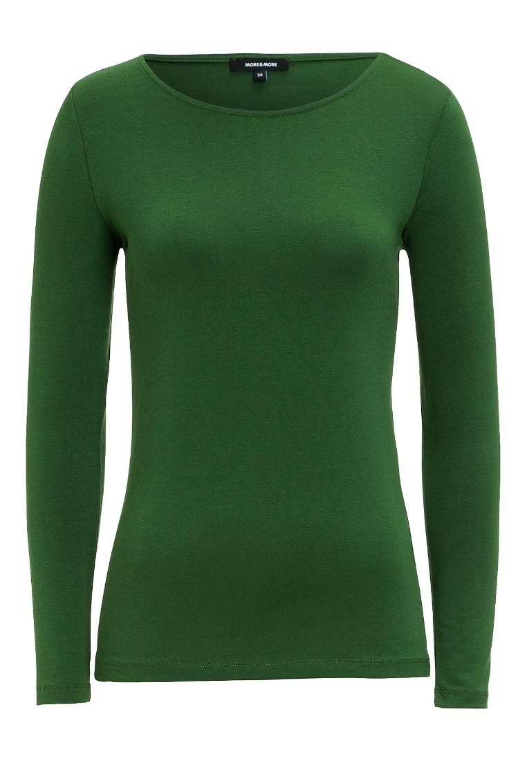 Langærmet grøn top lavet af blødt stof, med rund halsudskæring, figursyet pasform og glat struktur uden synlige mønstre eller detaljer.