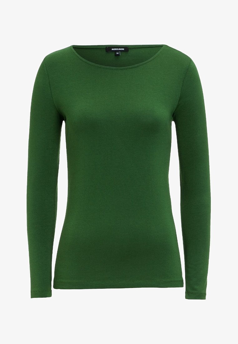 Langærmet grøn top lavet af blødt stof, med rund halsudskæring, figursyet pasform og glat struktur uden synlige mønstre eller detaljer.