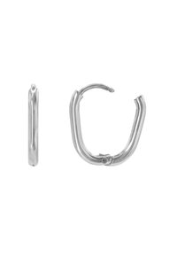 Orecchino a cerchio in tonalità argento; superficie liscia, design arrotondato e forma aperta con un piccolo meccanismo di chiusura visibile.