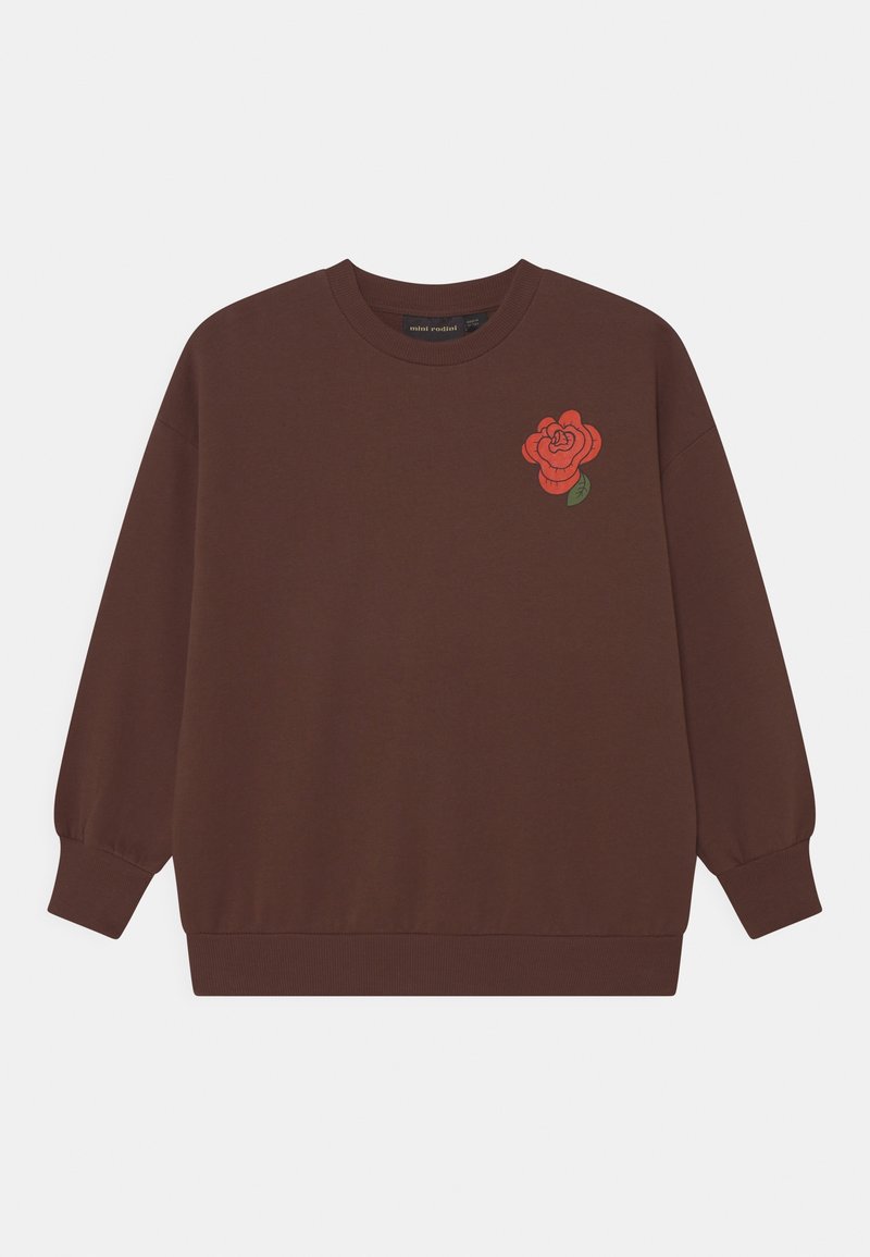 Sweat-shirt marron à manches longues, col rond, avec un motif de rose rouge sur le côté gauche de la poitrine. Confectionné en tissu doux avec une coupe décontractée.