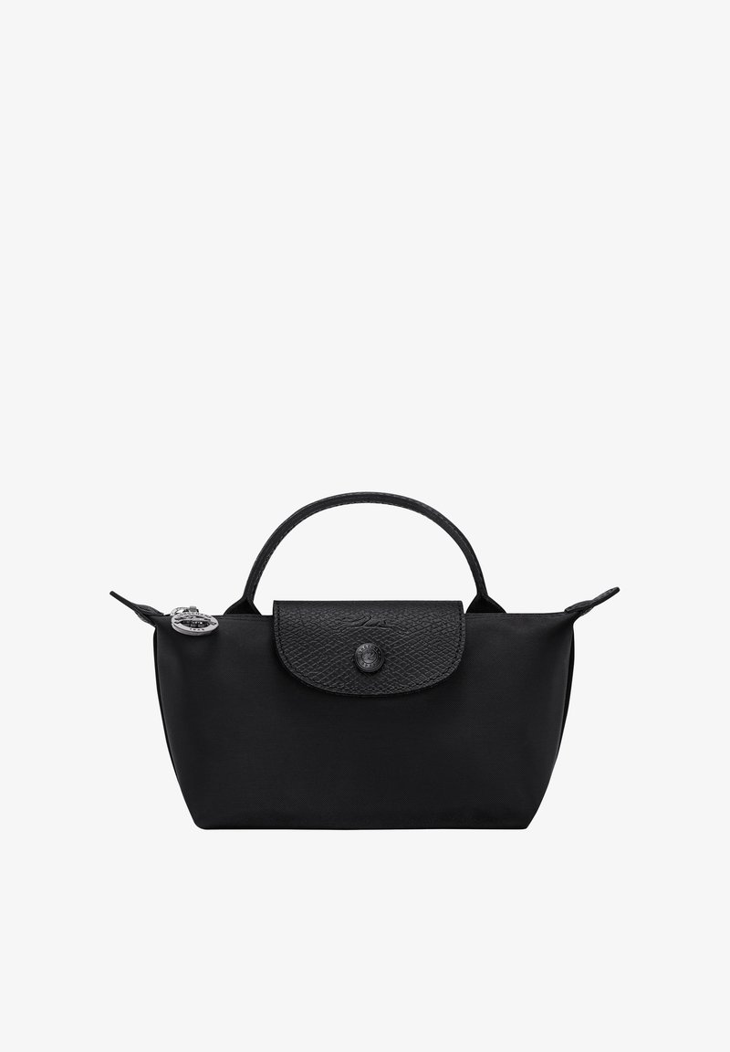 Black nylon handbag with textured flap, single top handle, zipper closure, and silver round keychain charm on the side.