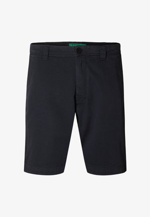 Shorts en coton noir avec une coupe standard, dotés d'une fermeture à bouton à l'avant et de lignes épurées. Le tissu présente une texture lisse.
