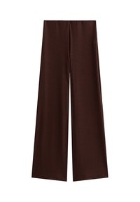 Bruine, brede broek met verticale ribbels, plat weergegeven op een witte achtergrond, waarmee hun textuur en stijl wordt benadrukt.