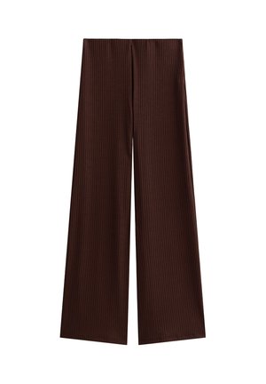 Pantalons en toile marron à jambes larges avec un relief vertical, présentés à plat sur un fond blanc, mettant en valeur leur texture et leur style.