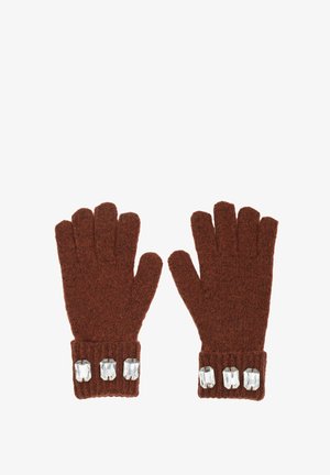 Guanti lavorati a maglia marroni con polsino a coste, caratterizzati da tre accenti chiari simili a gemme sul polso. Texture morbida e design con dita per garantire calore.