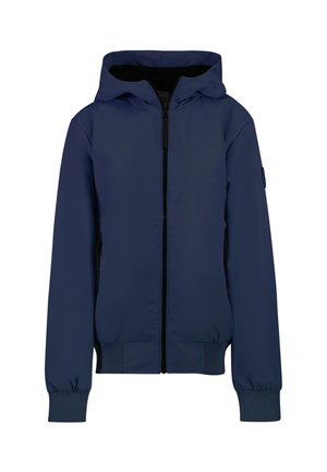 Marineblauwe hoodie, gemaakt van soepele stof, met een voorzak rits, elastische manchetten en zijzakken. Eenvoudig ontwerp, geen patronen.