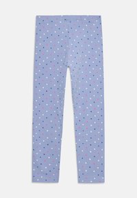 Leggings blu realizzati in fibra morbida, con un motivo continuo di piccoli cuori in rosa, bianco e blu scuro. Design aderente con vita elasticizzata.