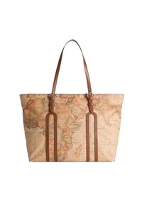 Borsa a tracolla con stampa vintage di una mappa del mondo, dotata di manici in pelle marrone e accenti verticali, su uno sfondo bianco.
