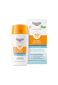 Eucerin Hydro Protect 50+ face sun fluid in a white bottle with orange cap; includes a blue and orange box with text details.