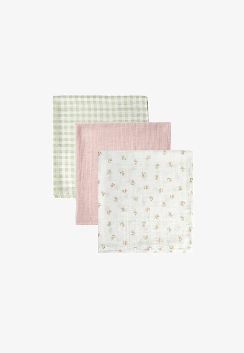Trois tissus en mousseline de coton : à carreaux verts, rose uni et blanc avec des boutons de rose roses ; texture douce, léger, dans des couleurs pastel variées.