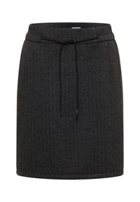 Zwarte visgraatrok met een trekkoord in de taille en een textuurstof. Rechte, lengte boven de knie met een eenvoudige zoom.