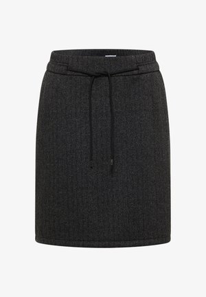 Czarna spódnica w jodełkę z elastycznym pasem i strukturalną tkaniną. Prosta, powyżej kolan, z prostym wykończeniem.