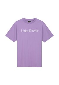 Lavender katoen t-shirt met korte mouwen, voorzien van de tekst "Unite Forever" in het wit over de borst. Klassiek crew neck ontwerp.