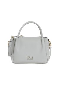 Borsa a tracolla in pelle grigio chiaro con texture, manici superiori, tracolla regolabile, hardware color oro e dettaglio del logo al centro davanti.