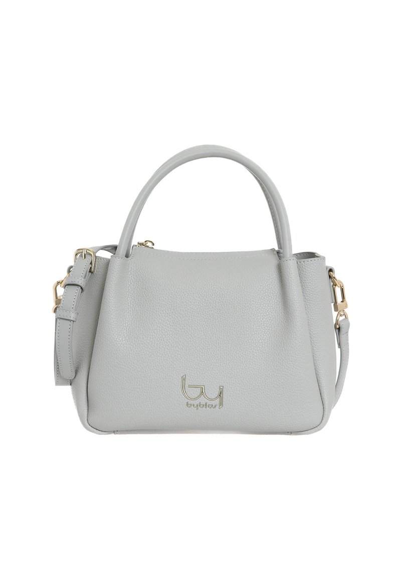 Borsa a tracolla in pelle grigio chiaro con texture, manici superiori, tracolla regolabile, hardware color oro e dettaglio del logo al centro davanti.