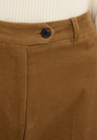 Pantaloni din catifea maro cu dungi verticale, având închidere cu un nasture negru și talie plată. Material texturat, moale, cu accente cusute.