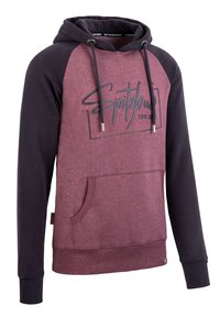 Kapuzensweatshirt mit kastanienbraunem Körper, schwarzen Ärmeln, Kängurutasche und bedrucktem Logo. Verfügt über Zugbänder und gerippte Bündchen für eine optimale Passform.