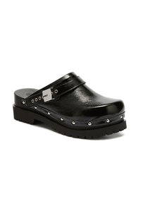Black leather clog with a strap and silver buckle, studded detailing along the sole, and a thick lugged rubber outsole.