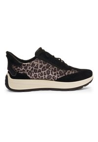 Low-top sneaker with black suede accents, beige and dark brown leopard print fabric, beige sole, and black rubber outsole.