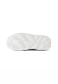 Suola di sneaker bianca con scanalature testurizzate, forma curva e logo circolare al centro. Realizzata in gomma per aderenza e durata.