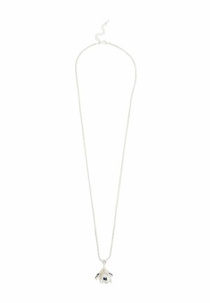 Delicate silver chain necklace with a small, detailed silver flower pendant hanging at the center and adjustable clasp at the top.