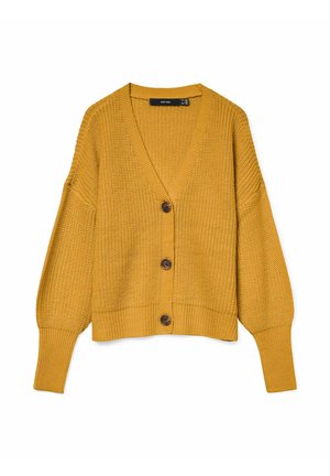 Sennepsgul strikket cardigan med dyb V-hals, lange ærmer og fire brune knapper foran. Teksturen er ribbet og hyggelig.
