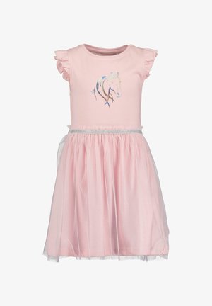 Robe sans manches rose pour fille avec des épaules volantes, imprimé de tête de cheval argentée sur la poitrine, et une jupe en tulle avec une bordure argentée à la taille.