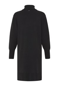 Fekete kötött ruha magas gallérral, hosszú ujjakkal és bordázott mandzsettával és szegéllyel. Simogató textúra, enyhén oversized szabásban.