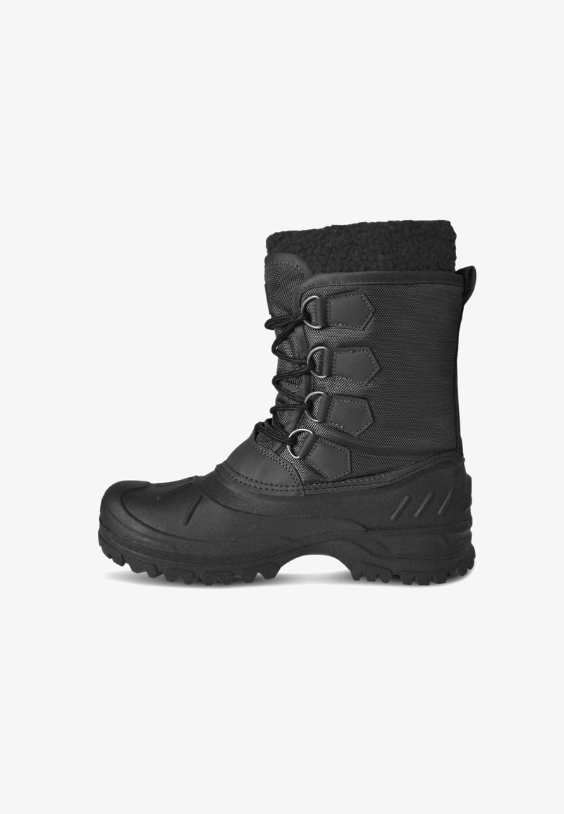 Schwarzer Winterstiefel mit Gummisohle, strukturiertem Stoffobermaterial, Schnürverschluss und einem Kunstpelzbesatz am Schaft für zusätzliche Wärme.