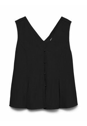 Blouse noire sans manches avec col en V, boutons avant recouverts de tissu et détail évasé à l'ourlet.