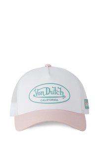 Casquette de camionneur blanche avec visière rose, côtés en maille et logo turquoise "Von Dutch CALIFORNIA" à l'avant, comportant une étiquette logo cousue sur le côté.