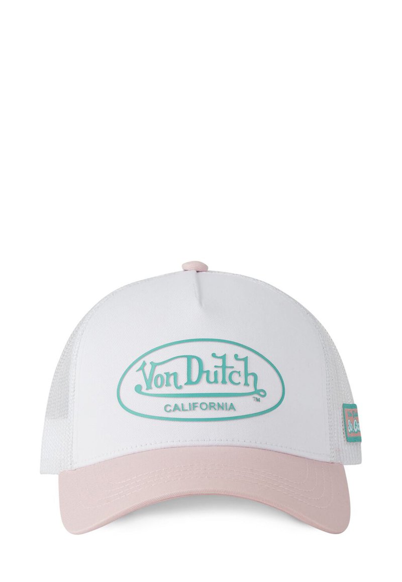 Casquette de camionneur blanche avec visière rose, côtés en maille et logo turquoise "Von Dutch CALIFORNIA" à l'avant, comportant une étiquette logo cousue sur le côté.