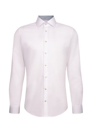 Witte lange mouwen overhemd met parelknooppen en een gestructureerde kraag met grijs patroon aan de binnenkant.